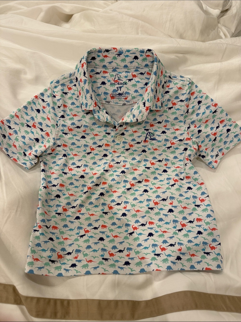 Rhoback Kids Polo Shirt 3T  - White with Blue, Teal, Navy, Red Dino Print